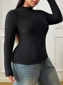 SHEIN CURVE+ Plus Size Women Black High Neck Long Sleeve T-Shirt, Autumn Base Layer Top