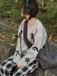 FRIFUL Jersey holgado de punto con decoración de lazo, apropiado para otoño/invierno, para mujer