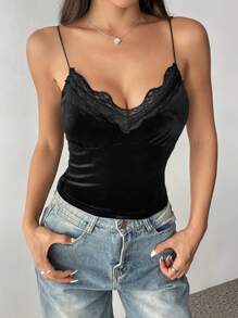 SHEIN Unity 女士夏季无袖黑色蕾丝天鹅绒紧身吊带背心，性感外套，保暖 - 黑色 - 查看 3