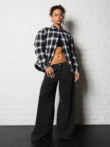 SUMWON WOMEN Premium Quilted Plaid Shacket With Snap Buttons Winter Outerwear Padded Quilted Workwear Shirt Jacket Oversized Casual Street Style Fall Season