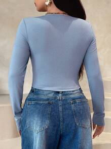 Modelyn Casual Solid Color Lace Trim Fitted T-Shirt, Autumn/Winter - Dusty Blue - View 2