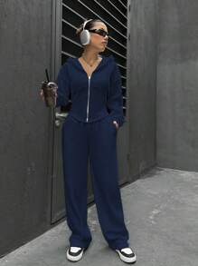 SHEIN Unity Bộ 2 món/Bộ đồ hoodie và quần nỉ màu trơn thường ngày, mùa thu - Màu xanh hải quân - Xem 3