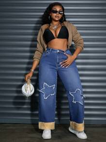 SHEIN EZwear 大码五角星印花保暖内衬牛仔裤，带口袋 - 藍色 - 查看 6
