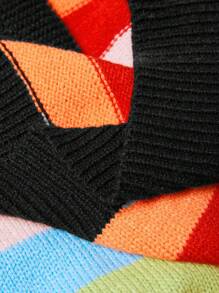 Maweii Plus Size Casual Color Blocked Striped Cropped Cardigan, Autumn/Winter - Black - View 6