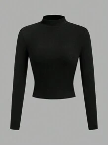SHEIN EZwear 大码休闲简约立领长袖 T 恤，秋冬 - 黑與白 - 查看 3