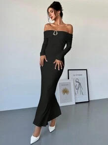 Firerie Women's Off Shoulder Ruched Metal Decor Fitted Elegant Commuter Dress - Black - View 5