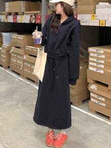 DAZY 2pcs/Set Women's Loose Drop Shoulder Solid Color Hoodie And Skirt Suit, Autumn/Winter