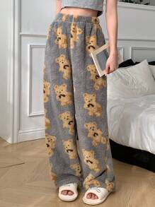 DAZY Pantalones de pijama rectos con estampado de oso de peluche
