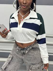 SHEIN Slayr Sudadera recortada informal con cuello de polo a rayas, mangas largas y hombros caídos para mujer, primavera/otoño