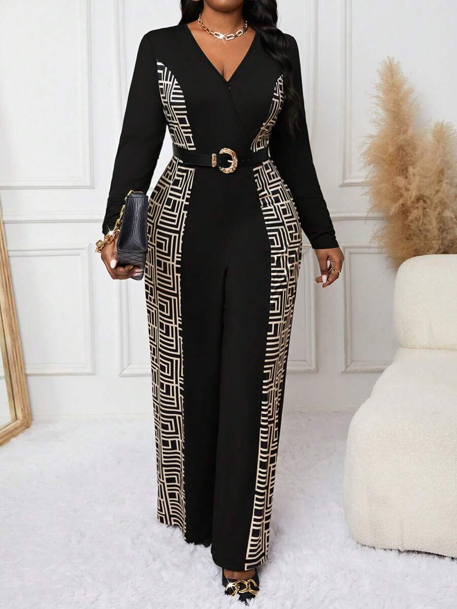 SHEIN PETITE CURVE Bộ đồ liền thân tay dài thanh lịch cổ chữ V họa tiết hình học cỡ lớn có thắt lưng - màu đen - Xem 1