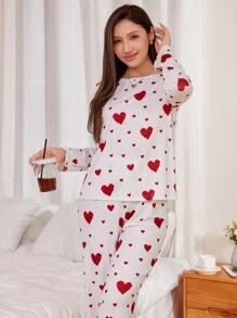 Heart Print Textured Ribbed Long Sleeve Top And Long Pants Pajama Set - Red - View 4