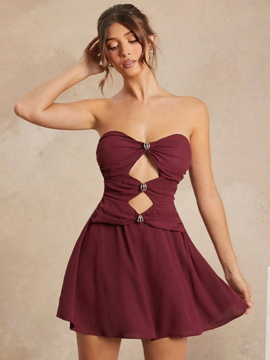 L'Amorae Chiffon Twist Front Tube Top Mini Dress - Burgundy - View 1