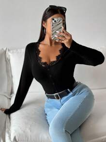 Franclia Plus Size Women Deep V-Neck Contrast Lace Long Sleeve T-Shirt, Casual & Slimming, Decorative Button Design, Autumn/Winter