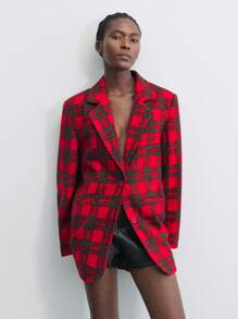 Maija Áo khoác blazer kẻ caro cổ bẻ tay dài màu đỏ tối giản cho tiệc Giáng sinh dành cho nữ, mùa đông - Đỏ - Xem 7