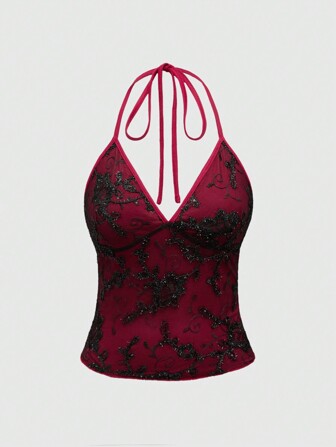 Fairycore Top de tirantes con cuello halter y espalda de tirantes, bordado floral en red
