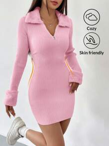 SHEIN EZwear 粉色人造毛领和袖口拼接前开长袖针织毛衣连衣裙，秋冬 - 粉色 - 查看 6