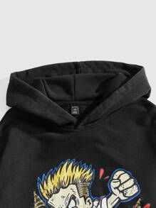 ROMWE MEN Street Life Sudadera con capucha holgada y vintage lavada para hombre, streetwear - Negro - Ver 4