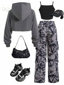 Conjunto de 3 piezas para niña preadolescente que incluye pantalón cargo, sudadera con capucha y camiseta negra sin mangas, conjunto genial para otoño/invierno