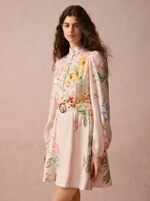 Enchnt Spring/Summer Romantic Women  Romantic Floral Printed Front Button Stand Collar Elegant Lantern Long Sleeve Dress,Sweet&Elegant Outfit For Sweet Date Night &Wedding Guest Dress Women &Holiday & Graduation Dress&Daily Commuting&Vacation&Garden Parties & Concert Outfit Women - Apricot - View 7