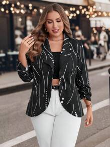 SHEIN Clasi Plus Size Women Geometric Print Elegant Blazer Jacket With Shawl Collar, Long Sleeve, Autumn/Winter