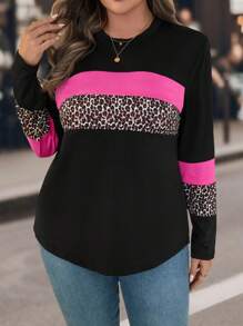 EMERY ROSE Plus Size Women Leopard Patchwork Round Neck Casual Long Sleeve T-Shirt, Autumn Tees Women Tops For Spring Fall Cloth For Women - Multicolor - View 3