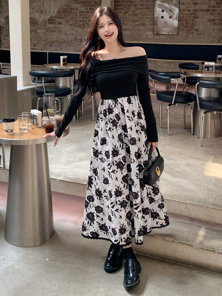 Women's Elegant Color Block Floral Print Off Shoulder Long Dress, Autumn,Fall Women Clothes