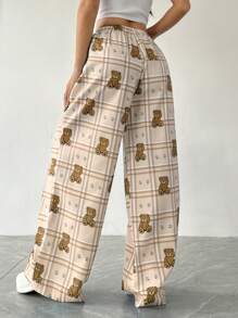 SHEIN EZwear 女士休闲泰迪熊装饰松紧腰格子印花宽腿宽松裤 - 粉色 - 查看 2
