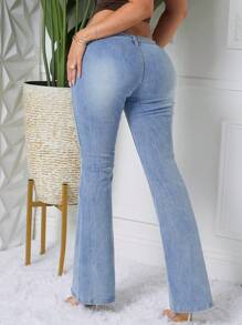 SHEIN SXY Women's Fashion Flare Leg Jeans With Eyelet Buckle Design - Light Wash - View 3