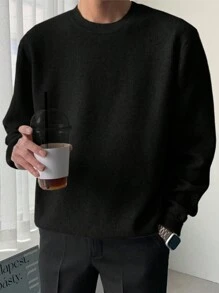 DAZY 男士纯色圆领长袖休闲毛衣秋冬 - 黑色 - 查看 3
