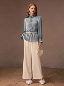 MOTF PREMIUM WOMEN SEQUIN AND BEADED APPLIQUES DETAIL FRILL MOCK NECK FLARE SLEEVE BLOUSE - Baby Blue - View 6
