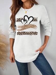 SHEIN LUNE Áo nỉ trùm đầu cổ tròn dài họa tiết trái tim và da báo thường ngày cho nữ, phù hợp cho mùa thu và đông - trắng - Xem 1