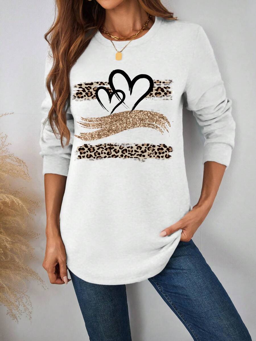 SHEIN LUNE Áo nỉ trùm đầu cổ tròn dài họa tiết trái tim và da báo thường ngày cho nữ, phù hợp cho mùa thu và đông - trắng - Xem 1