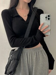 DAZY 女式休闲纯色修身长袖翻领 T 恤，秋季，返校服装