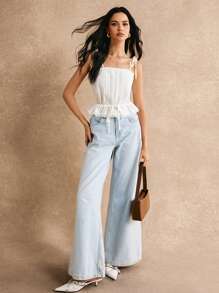 Poéselle Top de tirantes con encaje, bajo con volantes, adecuado para vacaciones, uso diario, salidas con hermanas, elegancia francesa