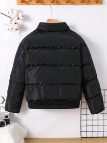 SHEIN Leap Crew معطف ثخين بياقة عالية فضفاض ذو تصميم مبسط مبطن مناسب للفتيان المراهقين، مناسب للتنقل والمدرسة والأنشطة اليومية والرياضة في فصل الخريف/الشتاء - الأسود - مشاهدة 2