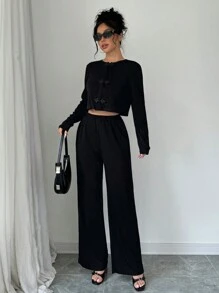 Chiquease 2 piezas Conjunto informal de camisa abotonada de unicolor y pantalones con cintura elástica, otoño - Negro - Ver 5
