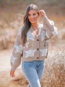 SHEIN VCAY Chaqueta de punto casual para diario y vacaciones con estampado de estrella, suéteres para mujer, térmica, ropa de invierno para mujer - Caqui - Ver 5