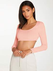 SHEIN BASICS Áo thun nữ tay dài cổ tròn bó sát màu trơn - Hồng - Xem 3