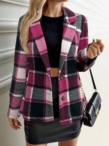 SHEIN Clasi Women's Lapel Collar Long Sleeve Plaid Casual Blouse, Minimalist Style For Daily Wear