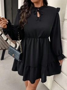 SHEIN Frenchy Plus Size Casual Elegant Solid Color Ruffle Hem A-Line Dress - Black - View 3