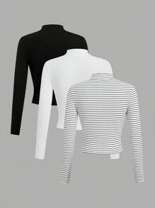 SHEIN EZwear 大码休闲简约立领长袖 T 恤，秋冬 - 黑與白 - 查看 2