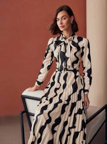 MOTF PREMIUM ALLOVER PRINT TIE NECK PUFF SLEEVE PLEATED HEM LONG DRESS WITHOUT BELT, WOMEN OUTFIT