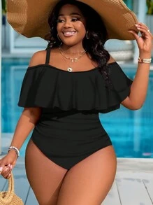 SHEIN Slayr CURVE Maillot de bain une pièce à volants avec épaules dénudées et côtés drapés pour grandes tailles, idéal pour l'été et la plage