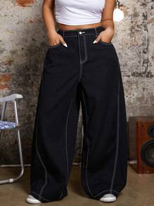 SHEIN ICON Plus Size Women Colorblock Sickle Letter Embroidery Wide Leg Jeans