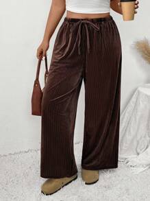 SHEIN Frenchy Plus Size Solid Color Front Tie Pocket Simple Casual Pants, For Daily Wear