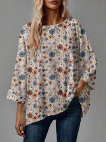 SHEIN LUNE Women Casual Retro Floral Pattern Round Neck 3/4 Sleeve Drop Shoulder T-Shirt, Suitable For Autumn/Winter