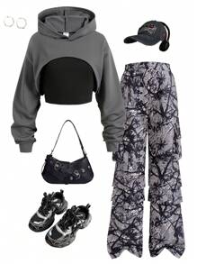 Conjunto de 3 piezas para niña preadolescente que incluye pantalón cargo, sudadera con capucha y camiseta negra sin mangas, conjunto genial para otoño/invierno