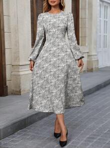 SHEIN Clasi 1pc Women Polka Dot Graffiti Print Khaki Long Sleeve A-Line Elegant Autumn Winter Comfortable Commute Versatile Dress - White - View 4