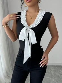 Chiquease Blusa corta de encaje tejido con lazo sin mangas, estilo dulce y picante para mujer