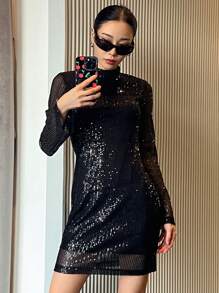 DAZY 女士亮片迷你露背鸡尾酒礼服，适合新年派对、返校派对、秋季服装、返校节礼服、长袖礼服、舞会礼服、情人节嘉年华等场合。 - 黑色 - 查看 6